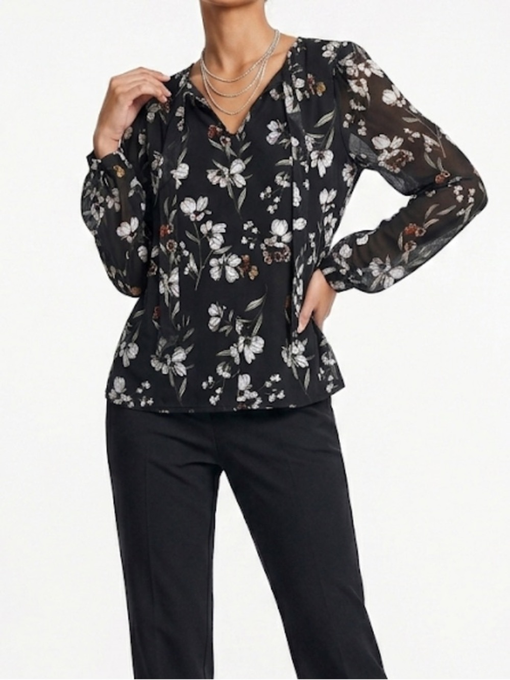 Madison Michelle Black Floral V-Neck Long Sleeve Blouse Size Large